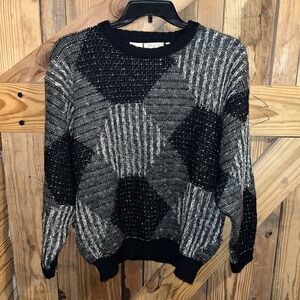 1990's BUGATCHI Sweater Men Medium Black Preppy Geometric Knit